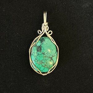 Silver Raw Turquoise Wire Wrapped Pendant